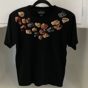 Carole Little Black Tee with Gold and Bronze Sequins SZ S